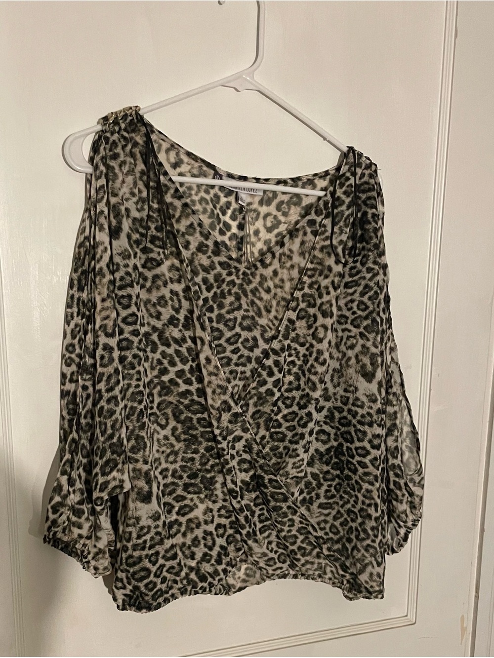 Jennifer Lopez Leopard Print Surplice Blouse - Size Large- Open Shoulders/Arms